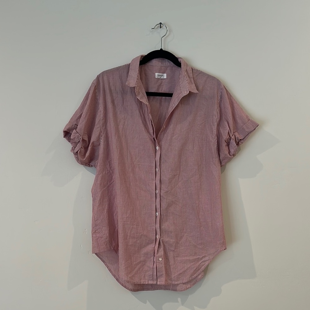 Aritzia Community pale red and white striped short sleeve button down shirt